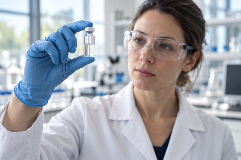 Analista de laboratorio con bata blanca y guante azul observando un vial transparente en un laboratorio moderno