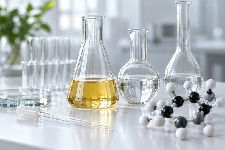 Matraces de vidrio con líquidos, una pipeta y un modelo molecular de bolas y varillas sobre una mesa blanca de laboratorio