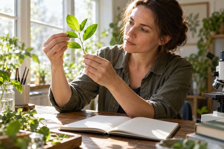 sinsemilla-estudio-botanico Mujer adulta examina una pequeña planta verde en un estudio botánico, con un microscopio y un cuaderno sobre la mesa