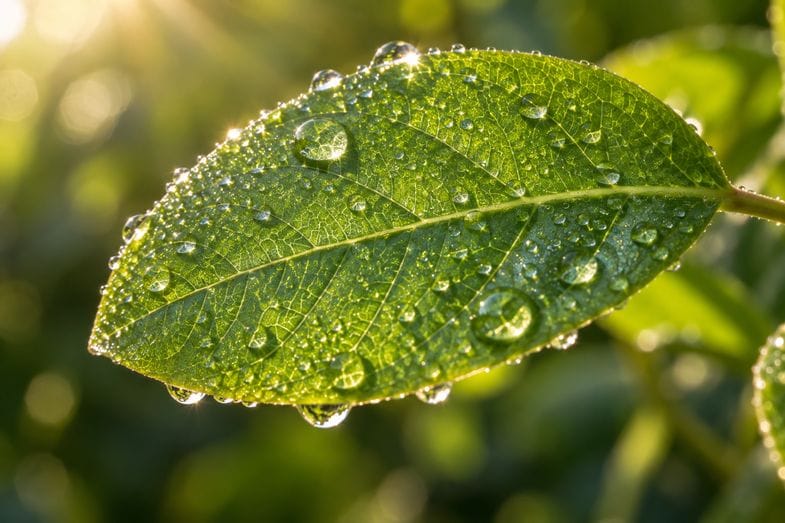 sinsemilla-rocio-hoja-macro Primer plano macro de una hoja verde cubierta de gotas de rocío, iluminada a contraluz por el sol de la mañana